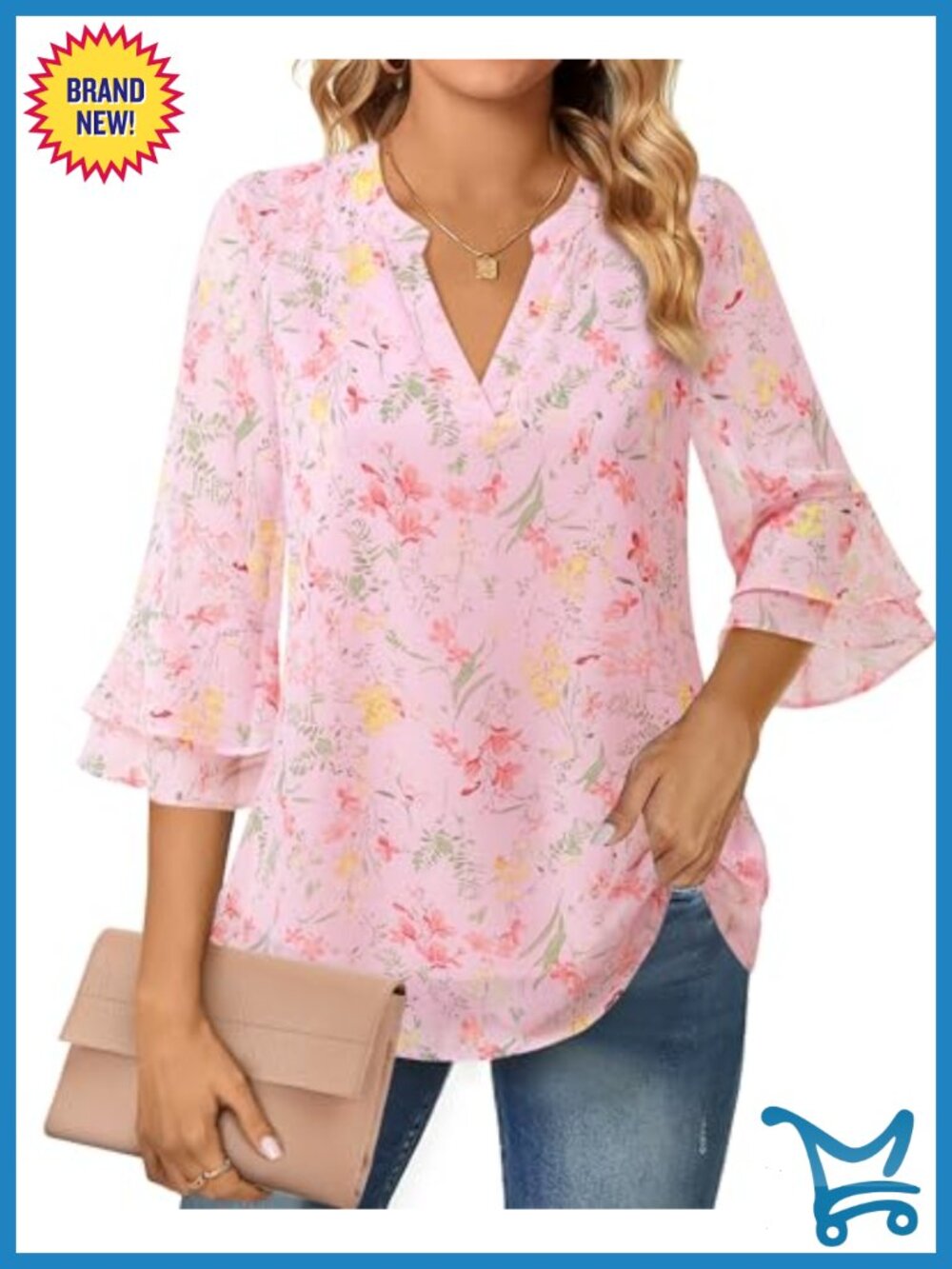 Womens Chiffon Blouse 3/4 Bell Sleeve Notch V-Neck Business Work Tunic